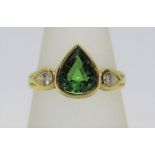 18ct pear cut synthetic green spinel and diamond ring, size N, 3.6g