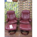 Pair of Ekornes Stressless lounge chairs with maroon leather and bent wood frames, with foot