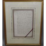 A 17th century marriage contract 30cm x 20cm (framed)