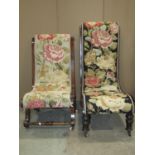Two very similar mid-Victorian scroll back drawing room chairs, each with hand worked tapestry