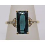 Art Deco style 14ct blue tourmaline and diamond ring, size P, 2.9g