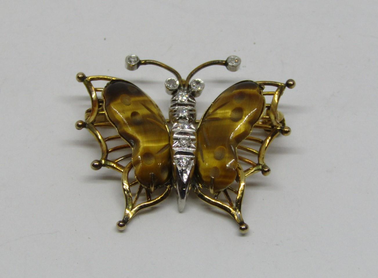 14ct butterfly brooch / pendant set with diamonds and tigers eye, 3cm wide approx, 4.5g