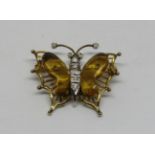 14ct butterfly brooch / pendant set with diamonds and tigers eye, 3cm wide approx, 4.5g