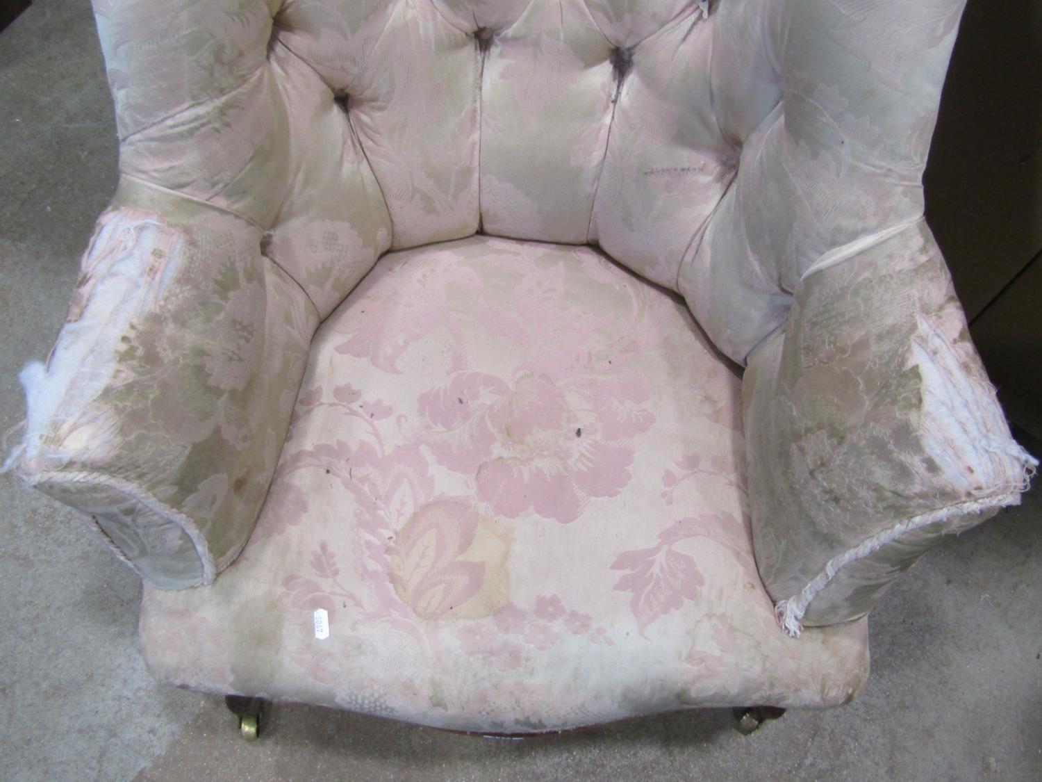 A mid-Victorian period drawing room chair with deep button back, serpentine seat and raised on a - Image 2 of 2
