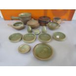 A collection of Leach type St Ives Pottery celadon glazed cookware comprising two twin handled bowls
