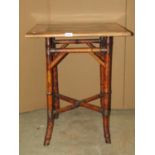 A 19th century bamboo and marquetry square cut occasional table on swept supports, together with a