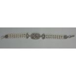 Art Deco style silver, pearl and marcasite bracelet, 18.6cm long approx