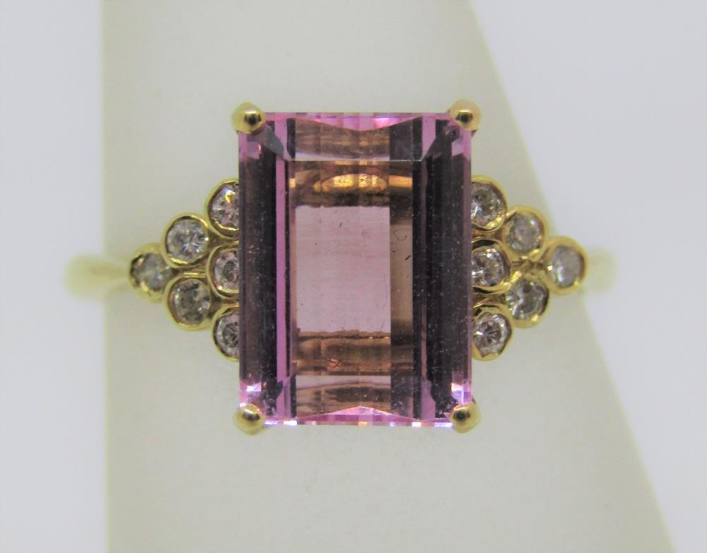 Art Deco style 18ct pink topaz and diamond ring, size N/O, maker T T, 3.9g