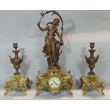 French spelter figural garniture mantel clock, the 3 inch twin train enamel dial with painted Arabic