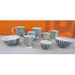 Rye Design Team for Rye Pottery collection of stripe pottery comprising four mugs, two finger bowls,