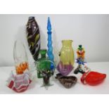 Mixed collection of modern studio glass wares comprising a Murano glass fish, clown and basket,