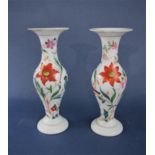 Pair of 19th century opaline baluster flared vases, hand painted with tropical birds on scrolled