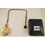 Gold plated Waltham Half Hunter pocket watch, the enamel dial with Arabic numerals with enamelled
