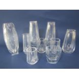 Nine various Scandinavian glass vases, all etched with various floral sprays, the largest 18cm