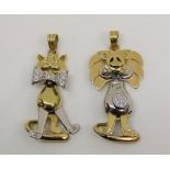 Two articulated novelty diamond set pendants in the form of humorous big cats, in 18ct bi-colour