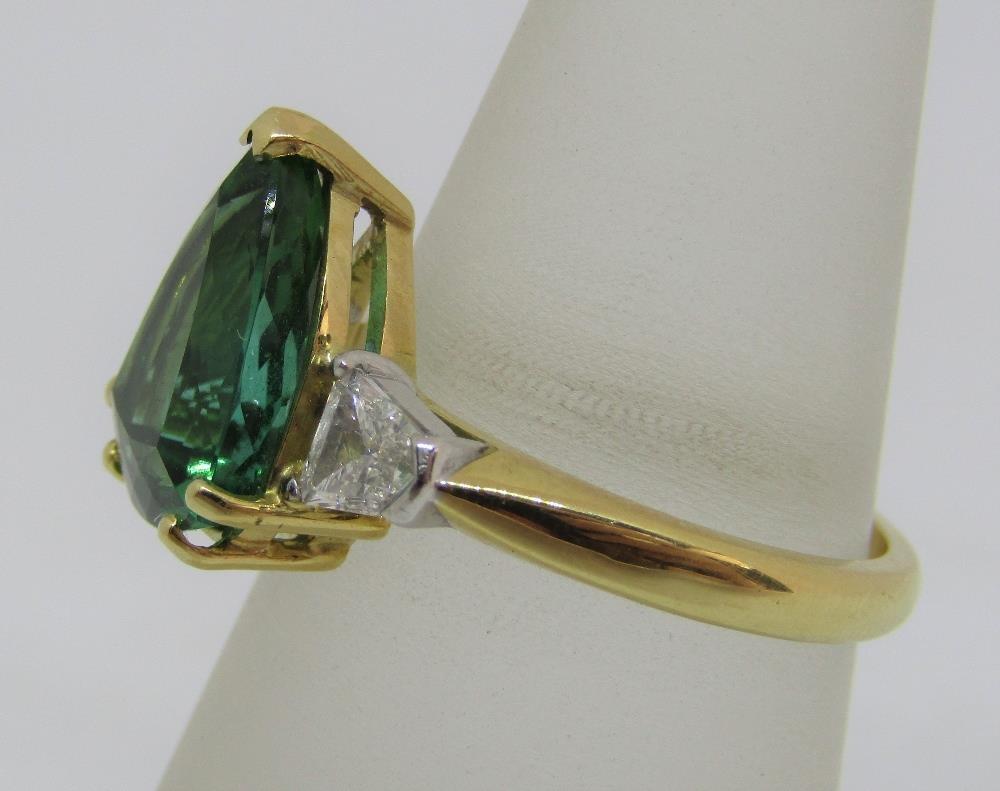 18ct pear cut green tourmaline and diamond ring, size O, maker T T, 5.6g - Image 2 of 2