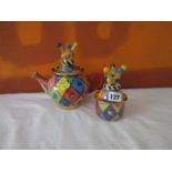 Mary Rose Young Studio teapot and lidded pot, both with gilt crowns and harlequin decoration, the