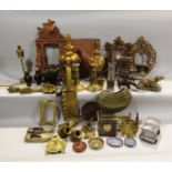 Miscellaneous brassware including a candlestick, nut cracker, pair of graduated table lamps, small
