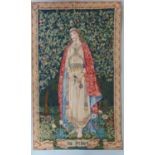 French wall hanging tapestry by Goblys 'The Orchard' depicting a young woman surrounded by fruit