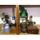 A collection of miscellaneous items including a vintage electric fan, 19th century brass jam pan