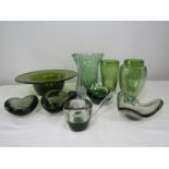 A collection of olive glass to include a large rimmed bowl and various vases together with further