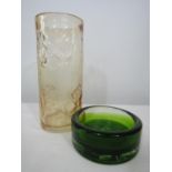 Scandinavian green glass ashtray together with a further peach glass vase by the same maker with