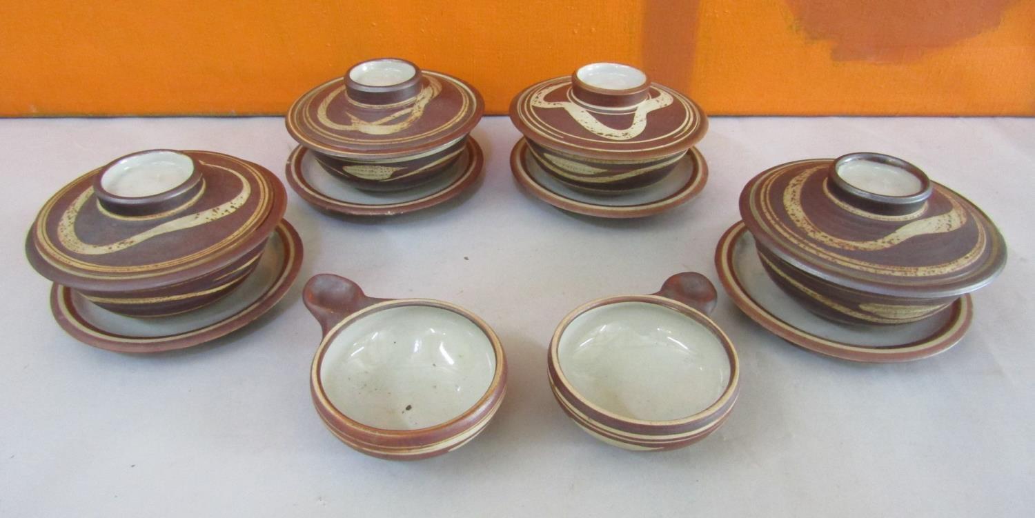 Harry Davis & May for Crowan pottery - Four salt glaze lidded rice bowls on saucers with two further