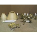 Two pairs of brass two branch wall lights, shades, a quantity of good quality brass cabinet