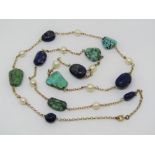 Necklace interspersed with cultured pearls, lapis lazuli and turquoise beads, unmarked tests at