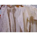 Box of antique white cotton clothing including 4 ladies nightgowns all with pin tucks, embroidery