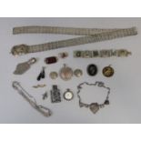 Mixed lot to include an American applied silver scent bottle, fob watch with enamel bust portrait