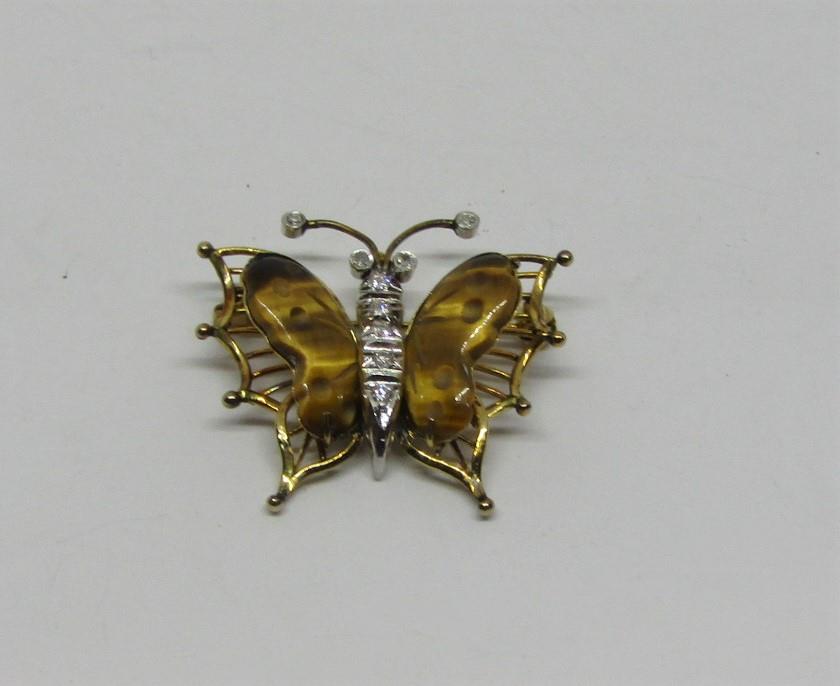 14ct butterfly brooch / pendant set with diamonds and tigers eye, 3cm wide approx, 4.5g - Image 2 of 5