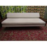 Good quality Danish three seater daybed / studio couch, with teak panelled ends and four tapered