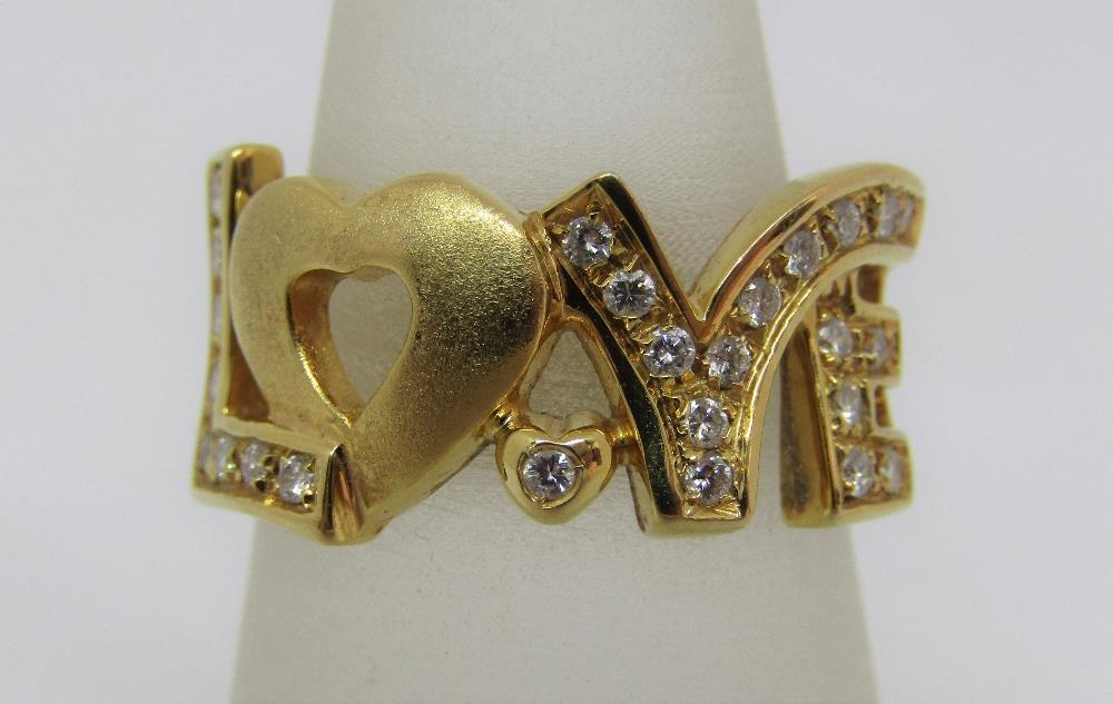 18ct diamond set 'LOVE' ring, size P/Q, 10.2g