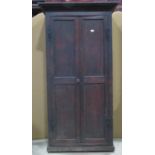 An antique oak hall cupboard freestanding and enclosed by a rectangular moulded panelled doors,