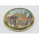 Fine antique Mughal school painted mother of pearl brooch, depicting a traditional Indian procession