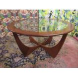G-Plan Astro teak coffee table of circular form with glass top, 46cm high x 84cm diameter