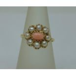 Georgian style 9ct coral and pearl cluster ring, size L/M, 1.8g
