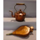 A good quality pair of traditional elm and leather fire bellows, a Georgian copper kettle, a hand