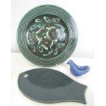 Arabia of Finland teal glazed fish, 31cm long, together with a further Danish pottery candlestick in