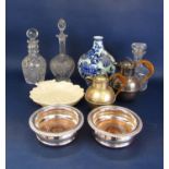 Three various cut glass decanters and stoppers, two silver plated Guernsey type milk cans, a pair of