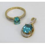 9ct oval cut apatite and diamond ring, size O and matching pendant, 4.7g total (2)