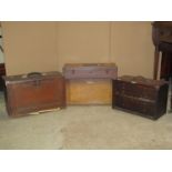 Three vintage oak cased portable engineers tool chests, each enclosing an arrangement of small