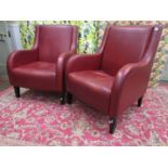 Pair of art deco style red leather armchairs, each 98cm high x 70cm wide and 75cm deep (2)