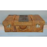 Vintage solid leather travelling suitcase with stitched finish, together with a WW2 kit bag, 1940