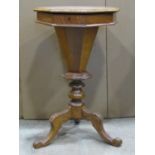 A Victorian walnut veneered trumpet shaped sewing table/work box the octagonal hinged lid with
