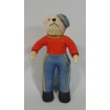 Vintage Bellhop bear in red and blue livery with gold trim and matching hat, straw stuffing, glass