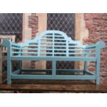 A pair of contemporary Lutyens style garden benches with duck egg blue painted finish, 166 cm long