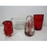 Whitefriars - Four lobed moulded pieces of glass to include two red vases, a clear glass oval vase