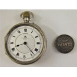 W Ehrhardt of London silver military pocket watch, with flat lever movement, enamelled dial with